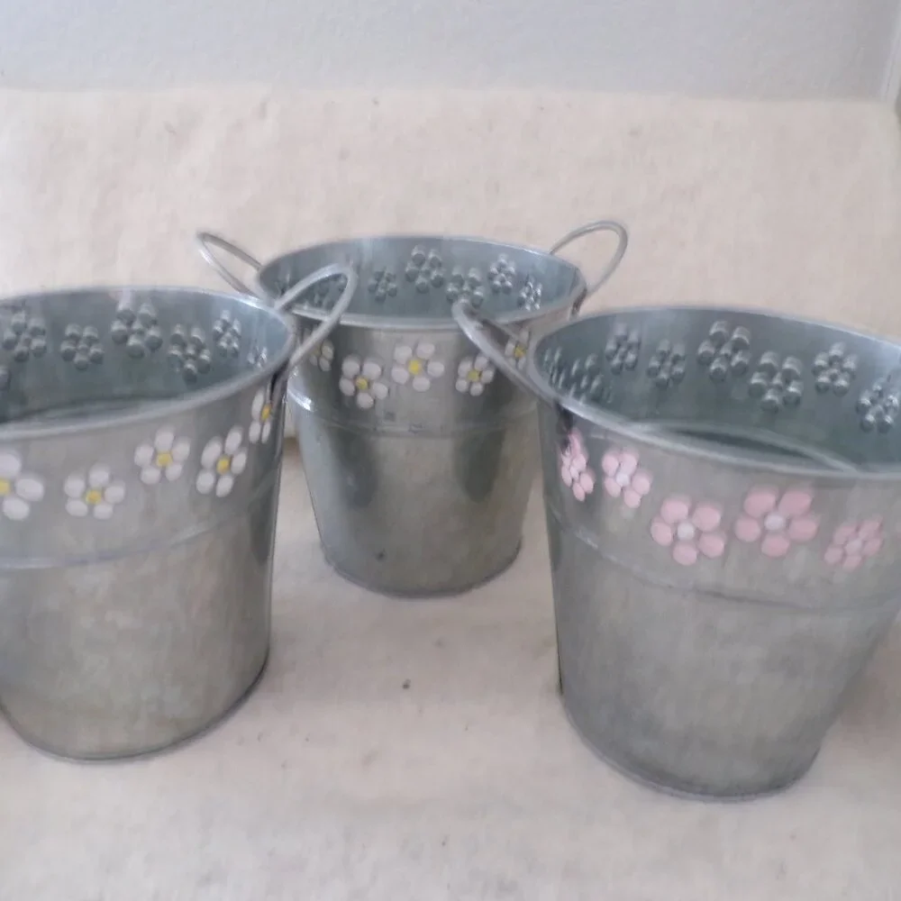 3 Galvanized Metal Pots Handles New Baskets Storage Sand Buckets Decorative
